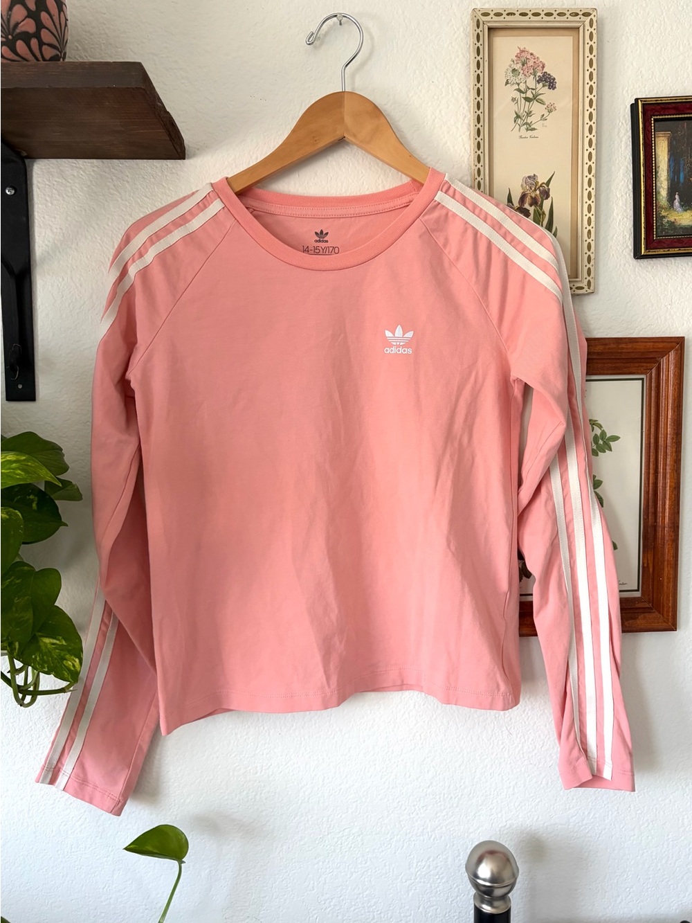Adidas Women's Pink Long-Sleeve Three-Stripe Crew Pullover Sweater - XL